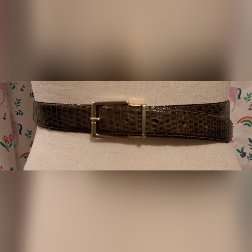 Vintage Sera Olive Mocha Exotic Lizard Neutral Boho Casual Quiet Lux Belt 41in